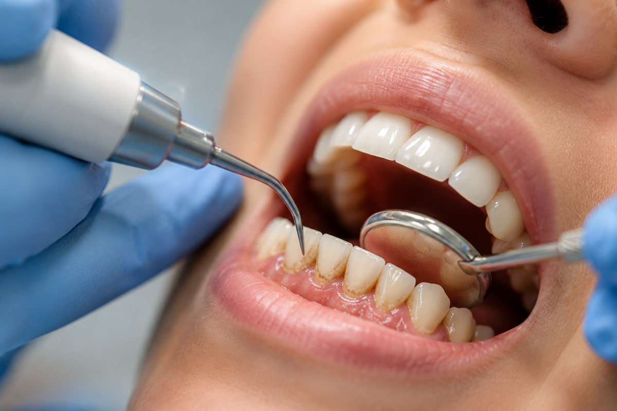 Dental hygienist removing plaque and tartar during a professional cleaning