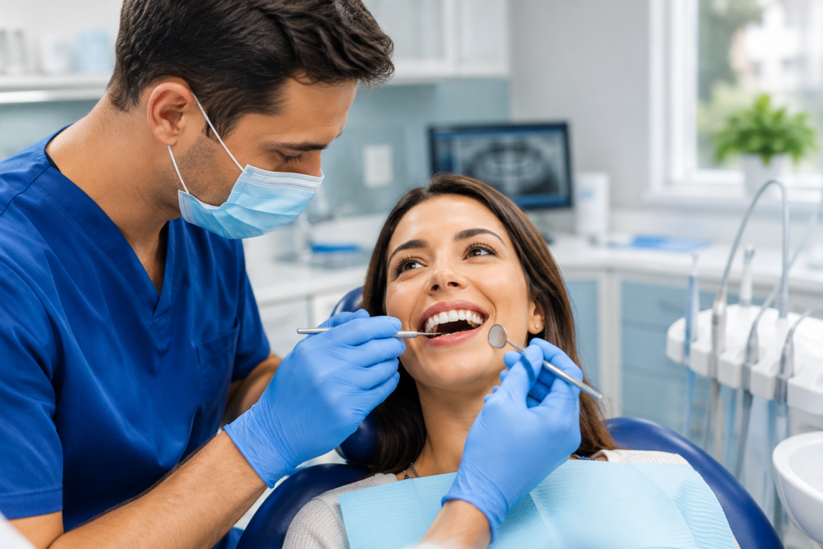 Dentist performing a professional dental examination
